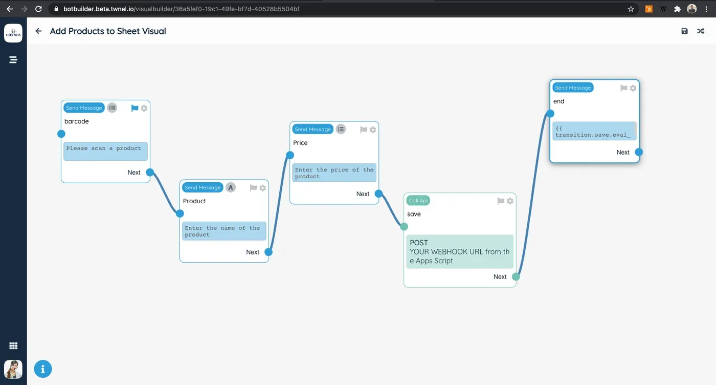 Editor visual de SuperBots con nodos conectados que forman un flujo conversacional