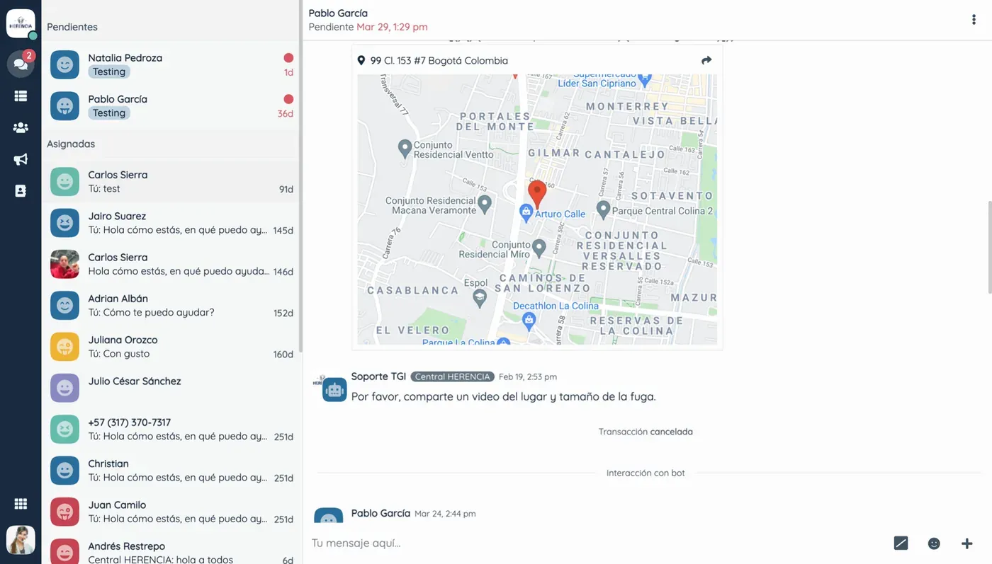 Twnel Chat Manager showing a list of conversations and a driver's location on a map