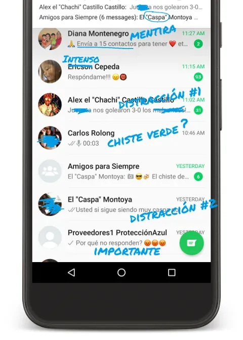 A personal messaging app full of chats with friends mixed with work chats