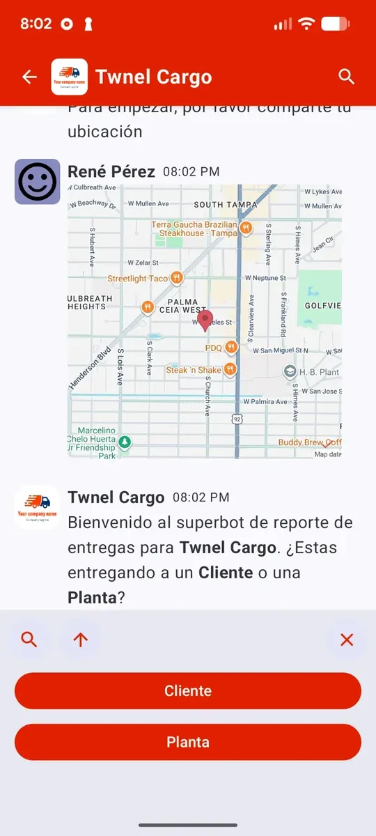 Twnel Messenger on an Android phone: the driver shares their location and a SuperBot asks whether they are delivering to a customer or a plant